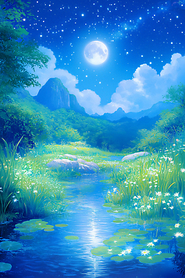 JPG 나무 식물 꽃 별 호수 일러스트 자연 하늘 산 풍경 물 여름 반사 평화 고요 일몰 촉촉함 달빛 국내일러스트 AI일러스트 AI콘텐츠 자연요소 계절 컨셉 노을 젖음 달 생태계 파일형식