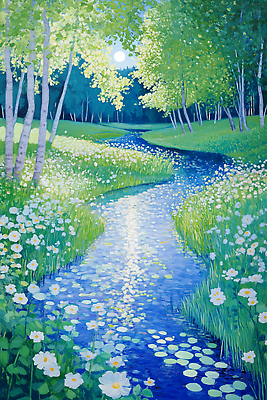 JPG 나무 꽃 일러스트 자연 풍경 초록색 물 여름 파란색 청춘 들꽃 신선 개울 수중식물 편안함 달빛 조용 뷰티풀 국내일러스트 AI일러스트 AI콘텐츠 자연요소 식물 계절 컬러 컨셉 강 달 감각 생태계 파일형식