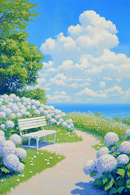 JPG 구름 꽃 호수 여유 바다 컬러 여행 벤치 일러스트 자연 하늘 휴식 풍경 일상 파란색 평화 산책 신선 수국 뷰티풀 국내일러스트 AI일러스트 AI콘텐츠 자연요소 식물 감정 컨셉 의자 라이프 생태계 파일형식
