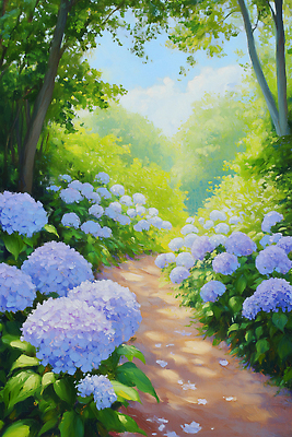 JPG 나무 식물 꽃 길 여유 컬러 일러스트 자연 풍경 초록색 여름 햇빛 평화 산책로 숲 수국 조화 꽃길 뷰티풀 국내일러스트 AI일러스트 AI콘텐츠 계절 감정 컨셉 태양 생태계 파일형식