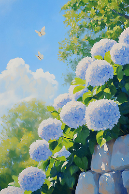 JPG 나무 식물 꽃 컬러 나비 일러스트 자연 하늘 생명 풍경 여름 평화 수국 조화 만개 뷰티풀 생동감 국내일러스트 AI일러스트 AI콘텐츠 계절 곤충 컨셉 생태계 파일형식