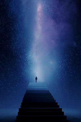 JPG 편집이미지 실루엣 밤하늘 걷기 우주 계단 고요 탐험 신비 높이 별빛 성운 환상 이미지편집 AI컴퓨터그래픽 AI콘텐츠 별 컨셉 모션 하늘 촬영기법 빛 야간 파일형식