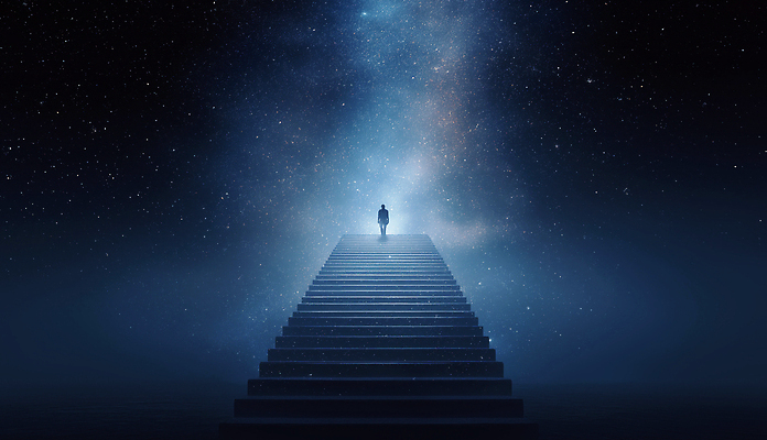 JPG 편집이미지 상상 사람 풍경 빛 우주 계단 어둠 고요 공간 탐험 분위기 고독 신비 단절 이미지편집 AI컴퓨터그래픽 AI콘텐츠 감정 컨셉 파일형식