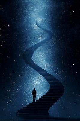 JPG 편집이미지 남자 별 상상 하늘 풍경 빛 우주 계단 어둠 꿈 탐험 신비 신성 이미지편집 AI컴퓨터그래픽 AI콘텐츠 자연요소 컨셉 사람 파일형식