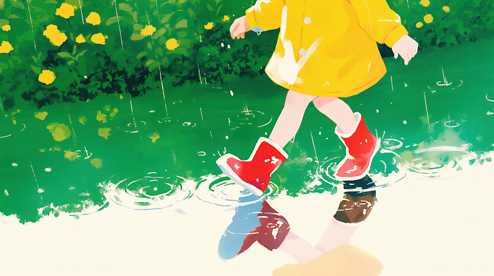 JPG 행복 어린이 컬러 일러스트 자연 놀이 장화 풍경 여름 반사 걷기 소리 즐거움 웅덩이 우비 상상력 국내일러스트 AI일러스트 AI콘텐츠 옷 계절 감정 신발 모션 사람 생태계 파일형식