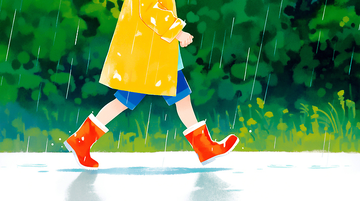 JPG 어린이 컬러 백그라운드 일러스트 자연 장화 풍경 빨간색 노란색 걷기 소리 기쁨 습기 물방울 우비 장마 기온 국내일러스트 AI일러스트 AI콘텐츠 옷 감정 신발 모션 날씨 사람 비_날씨 생태계 파일형식