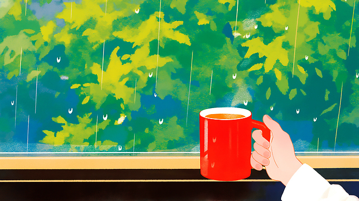 JPG 손 여유 커피 음료 일러스트 자연 휴식 풍경 초록색 감상 머그컵 발코니 물방울 차 편안함 창가 오후 국내일러스트 AI일러스트 AI콘텐츠 감정 컬러 컨셉 창문 신체부위 컵 감각 생태계 파일형식