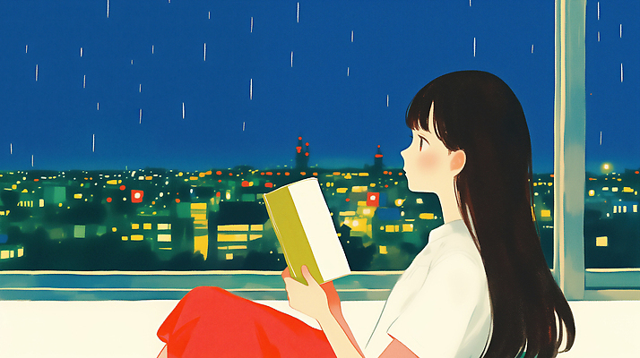 JPG 별 여유 일러스트 창문 휴식 회화 풍경 소녀 책 독서 마음 도시 시간 창가 조용 감성 사색 풍경화 안락 국내일러스트 AI일러스트 AI콘텐츠 자연요소 여자 감정 어린이 컨셉 생각 말하기 그림 파일형식