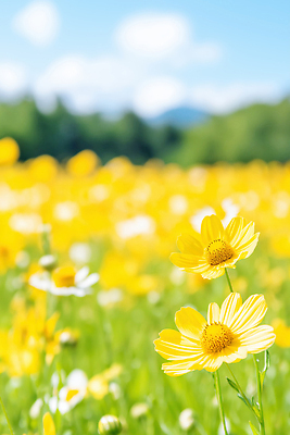 JPG 식물 편집이미지 꽃 꽃밭 자연 산 풍경 초원 여름 햇빛 소풍 노란색 평화 봄 뷰티풀 편집실사 AI포토 AI콘텐츠 계절 컬러 컨셉 태양 야외활동 CG 생태계 파일형식