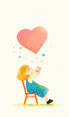 JPG 행복 감정 어린이 예술 컬러 의자 일러스트 상상 동화 밝음 사랑 미소 소녀 인테리어 하트 그림 엽서 풍선 설렘 창의성 국내일러스트 AI일러스트 AI콘텐츠 모양 디자인 여자 가구 표정 사람 편지 파일형식