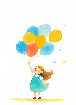 JPG 드레스 기념일 행복 어린이 컬러 일러스트 놀이 바람 웃음 소녀 빨간색 파란색 노란색 축제 기쁨 축하 생일 즐거움 풍선 국내일러스트 AI일러스트 AI콘텐츠 자연요소 옷 여자 감정 컨셉 날씨 표정 사람 이벤트 파일형식