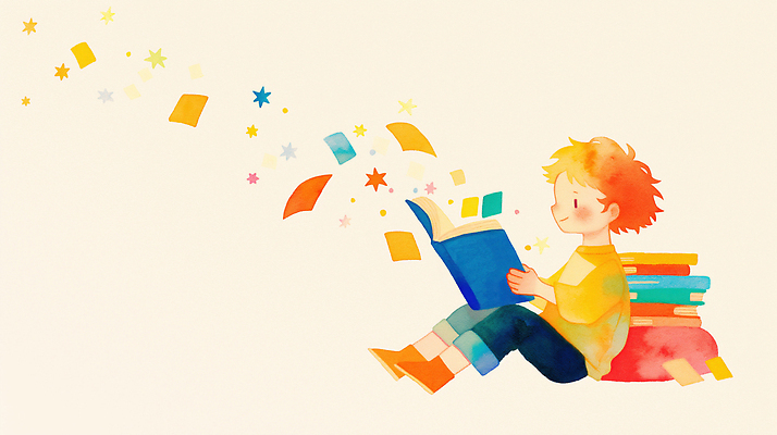 JPG 교육 행복 감정 별 컬러 일러스트 상상 이야기 소년 책 학습 독서 사각형 꿈 즐거움 그림 창의성 국내일러스트 AI일러스트 AI콘텐츠 자연요소 도형 남자 어린이 파일형식