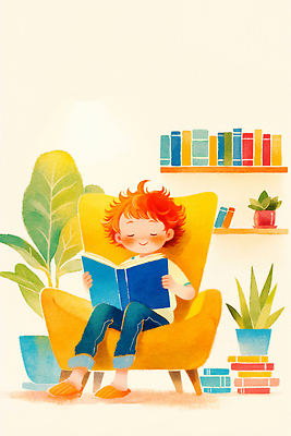 JPG 식물 행복 여유 어린이 일러스트 집안 책장 책 인테리어 독서 편안함 집중 즐거움 밝은색 오후 창의력 국내일러스트 AI일러스트 AI콘텐츠 디자인 감정 가구 컨셉 실내 사람 감각 파일형식