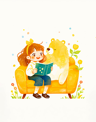 JPG 식물 행복 어린이 컬러 의자 일러스트 자연 표정 이야기 대화 소녀 책 친구 소파 독서 곰인형 분위기 편안함 만화 그림 상상력 국내일러스트 AI일러스트 AI콘텐츠 여자 감정 인형 가구 컨셉 관계 말하기 사람 감각 생태계 파일형식