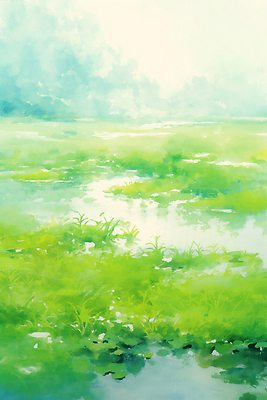 JPG 식물 일러스트 자연 하늘 생명 아침 풍경 초원 초록색 물 빛 평화 환경 대기 생태계 조화 풍요 차분 국내일러스트 AI일러스트 AI콘텐츠 주간 자연요소 컬러 컨셉 파일형식