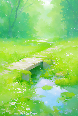 JPG 꽃 감정 일러스트 자연 풍경 초록색 물 여름 햇빛 평화 계곡 소리 산책 흐름 숲 샘물 조용 전경 국내일러스트 AI일러스트 AI콘텐츠 자연요소 식물 계절 컬러 컨셉 휴식 태양 생태계 파일형식 탑뷰