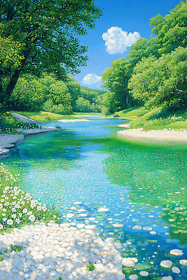 JPG 나무 구름 꽃 일러스트 자연 하늘 풍경 여름 반사 평화 맑음 산책 흐름 시세 숲속 숲 강가 생태계 국내일러스트 AI일러스트 AI콘텐츠 자연요소 식물 계절 컨셉 날씨 휴식 금융 강 파일형식