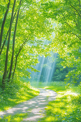 JPG 나무 길 일러스트 자연 하늘 나뭇잎 풍경 초록색 여름 빛 햇빛 평화 소리 고요 산책 신선 숲 오솔길 국내일러스트 AI일러스트 AI콘텐츠 식물 계절 컬러 컨셉 잎 휴식 태양 생태계 파일형식