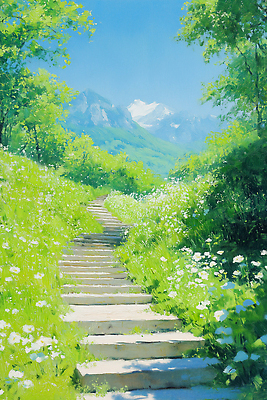 JPG 계절 꽃 여행 일러스트 자연 하늘 생명 산 풍경 초원 초록색 여름 맑음 하이킹 언덕 오름 돌계단 뷰티풀 국내일러스트 AI일러스트 AI콘텐츠 식물 컬러 레저 날씨 제주도 계단 돌_바위 생태계 파일형식