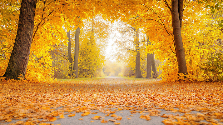JPG 나무 편집이미지 길 여유 단풍 잎 자연 풍경 빨간색 햇빛 노란색 평화 걷기 산책 산책로 가을 숲 조용 감성 편집실사 AI포토 AI콘텐츠 식물 계절 감정 컬러 컨셉 모션 휴식 태양 CG 생태계 파일형식