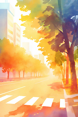 JPG 나무 도로 여유 단풍 일러스트 자연 아침 거리 풍경 빛 햇빛 노란색 평화 산책로 가을 도시 가로수 조용 국내일러스트 AI일러스트 AI콘텐츠 주간 식물 계절 감정 길 컬러 컨셉 잎 교통시설 태양 생태계 파일형식