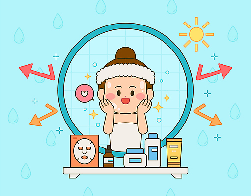 여자 행복 백그라운드 일러스트 표정 건강 미소 여름 뷰티 화장품 욕실 상품 피부관리 장면 정리 스킨케어 마스크팩 세안제 수분크림 아기자기 청량 국내일러스트 AI파일 계절 감정 컨셉 사람 팩 세안용품 파일형식 벡터