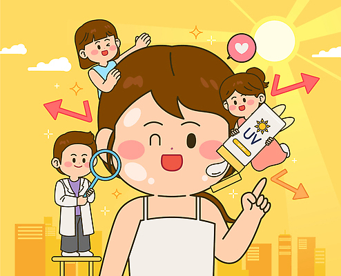 캐릭터 교육 일러스트 건강 밝음 미소 웃음 여름 햇빛 의사 도시 메시지 전문직 보호 피부 보습 자외선 중요성 국내일러스트 일러캐릭터 AI파일 직업 계절 컨셉 표정 신체부위 태양 의료진 파일형식 벡터