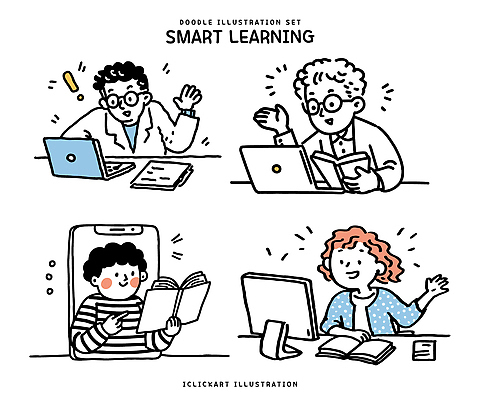 캐릭터 학생 교육 일러스트 수업 실험 그래픽 책 노트북 스마트폰 독서 연구원 온라인강의 자기주도학습 국내일러스트 일러캐릭터 AI파일 직업 전자제품 핸드폰 스마트기기 학습 강의 파일형식 벡터 언택트