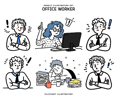 캐릭터 감정 일러스트 모션 스트레스 직장 표정 대화 일상 컴퓨터 사무실 자료 작업 직장인 집중 고민 혼란 국내일러스트 일러캐릭터 AI파일 직업 컨셉 회사 비즈니스 말하기 라이프 전자제품 파일형식 벡터