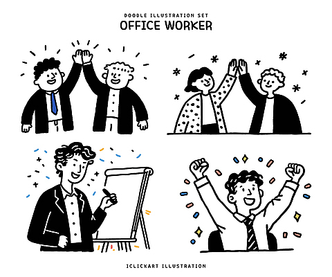 캐릭터 기념일 일러스트 성공 협력 아이디어 웃음 이벤트 일상 사무실 직장인 발표 만화 동료 즐거움 하이파이브 국내일러스트 일러캐릭터 AI파일 직업 감정 컨셉 비즈니스 관계 표정 손짓 라이프 파일형식 벡터