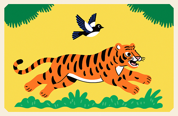 동물 일러스트 모션 자연 조류 생물 미술 초록색 노란색 가축 비행 호랑이 숲 조화 뷰티풀 생동감 국내일러스트 AI파일 컬러 포유류 문화예술 생태계 파일형식 벡터