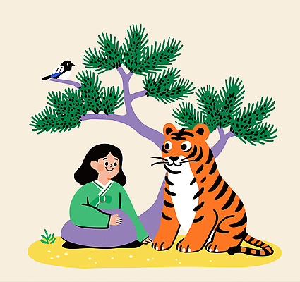 동물 캐릭터 전통 상징 컬러 일러스트 자연 조류 동화 한국 소녀 여름 친구 평화 정원 우정 만남 소나무 호랑이 한복 국내일러스트 일러캐릭터 AI파일 나무 한국전통 계절 여자 아시아 어린이 컨셉 포유류 관계 전통의상 생태계 파일형식 벡터