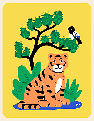 나무 동물 디자인 컬러 백그라운드 일러스트 자연 조류 생명 동물원 미소 초원 평화 호랑이 열대우림 그림 생태계 조화 국내일러스트 AI파일 식물 컨셉 포유류 표정 숲 파일형식 벡터
