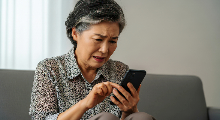 JPG 편집이미지 여자 중년 커뮤니케이션 기술 표정 미소 일상 생활 스마트폰 소파 정보 불안 집중 걱정 상담 의료성형뷰티 편집실사 AI인물포토 AI콘텐츠 감정 컨셉 의자 사람 성인 라이프 핸드폰 스마트기기 CG 파일형식 AI포토