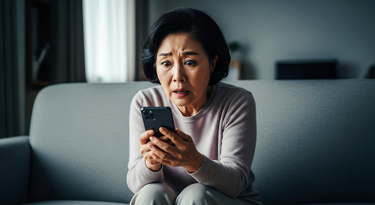 JPG 편집이미지 여자 감정 통신 조명 기술 실내 표정 스마트폰 소파 공간 불안 걱정 긴장 순간 의료성형뷰티 편집실사 AI인물포토 AI콘텐츠 의자 사람 내부 핸드폰 스마트기기 CG 파일형식 AI포토