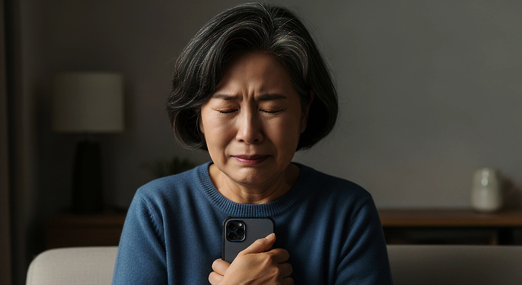 JPG 편집이미지 여자 감정 중년 실내 표정 사람 일상 스마트폰 고요 슬픔 집중 우울감 의료성형뷰티 편집실사 AI인물포토 AI콘텐츠 컨셉 성인 내부 라이프 핸드폰 스마트기기 CG 파일형식 AI포토