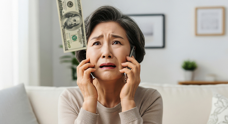 JPG 편집이미지 여자 감정 중년 돈 집안 표정 금융 머리 떨어짐 불안 고민 걱정 통화 의료성형뷰티 편집실사 AI인물포토 AI콘텐츠 컨셉 모션 실내 사람 성인 신체부위 경제 재산 CG 파일형식 AI포토