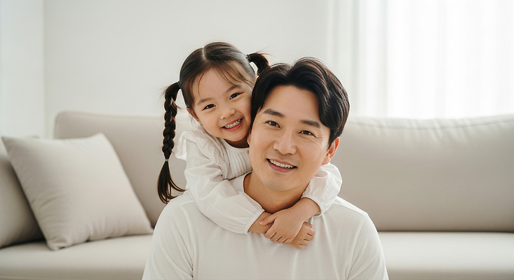 JPG 편집이미지 딸 행복 어린이 가족 관계 안기 실내 따뜻함 사랑 웃음 소파 시간 아빠 즐거움 순간 의료성형뷰티 편집실사 AI인물포토 AI콘텐츠 감정 의자 모션 표정 사람 내부 CG 파일형식 AI포토