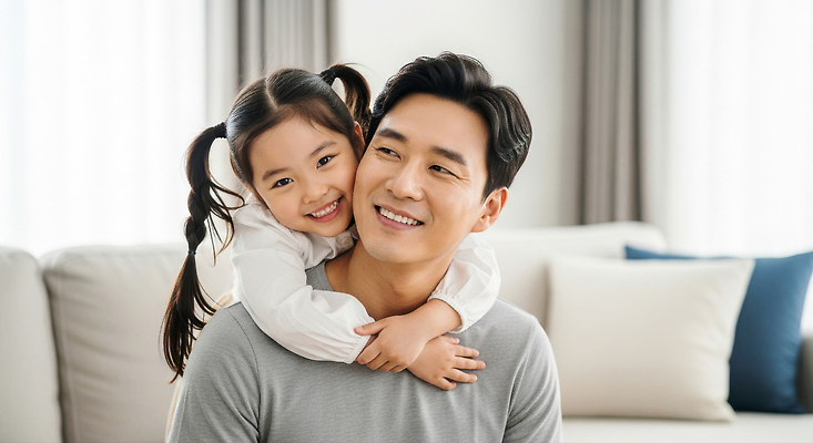 JPG 편집이미지 딸 행복 거실 가족 따뜻함 사랑 웃음 시간 아빠 편안함 즐거움 순간 의료성형뷰티 편집실사 AI인물포토 AI콘텐츠 감정 관계 표정 감각 CG 파일형식 AI포토