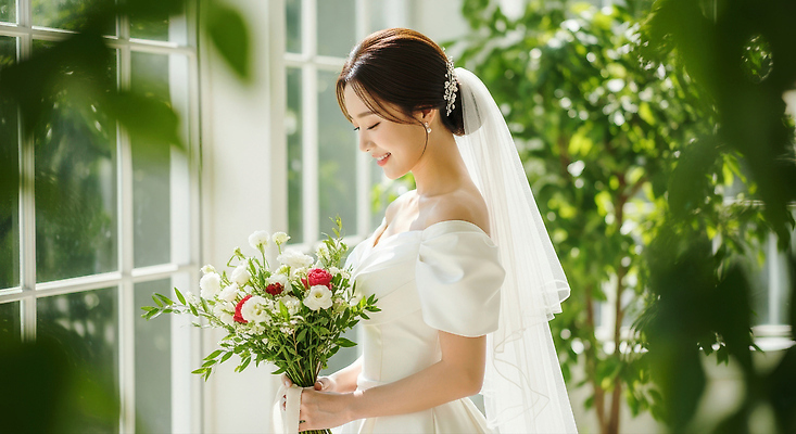 JPG 식물 편집이미지 옷 행복 꽃다발 결혼 창문 자연 결혼식 사랑 미소 햇빛 뷰티 화사함 순간 의료성형뷰티 편집실사 AI인물포토 AI콘텐츠 꽃 감정 컨셉 표정 이벤트 태양 CG 생태계 파일형식 AI포토