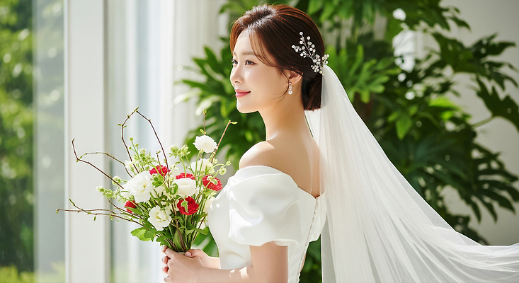 JPG 식물 편집이미지 드레스 꽃다발 포즈 결혼 결혼식 미소 뷰티 우아함 창가 화사함 뷰티풀 의료성형뷰티 편집실사 AI인물포토 AI콘텐츠 옷 꽃 컨셉 창문 표정 이벤트 CG 파일형식 AI포토