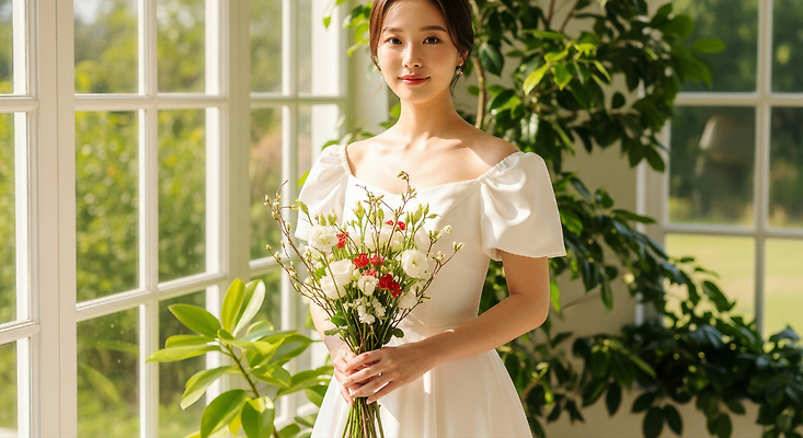 JPG 편집이미지 옷 행복 꽃다발 결혼 결혼식 조명 사랑 미소 장식 방 화사함 뷰티풀 의료성형뷰티 편집실사 AI인물포토 AI콘텐츠 꽃 감정 컨셉 표정 이벤트 CG 파일형식 AI포토