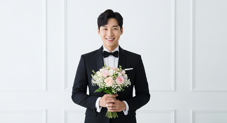 JPG 편집이미지 남자 꽃다발 포즈 결혼 결혼식 스튜디오 사랑 웃음 기쁨 로맨틱 축하 모던 준비 베일 의료성형뷰티 편집실사 AI인물포토 AI콘텐츠 꽃 감정 컨셉 표정 사람 이벤트 CG 파일형식 AI포토