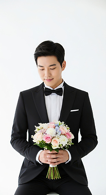 JPG 편집이미지 기념일 남자 행복 꽃다발 포즈 신랑 결혼식 미소 이벤트 축하 분위기 순간 의료성형뷰티 편집실사 AI인물포토 AI콘텐츠 꽃 감정 결혼 컨셉 표정 사람 CG 파일형식 AI포토