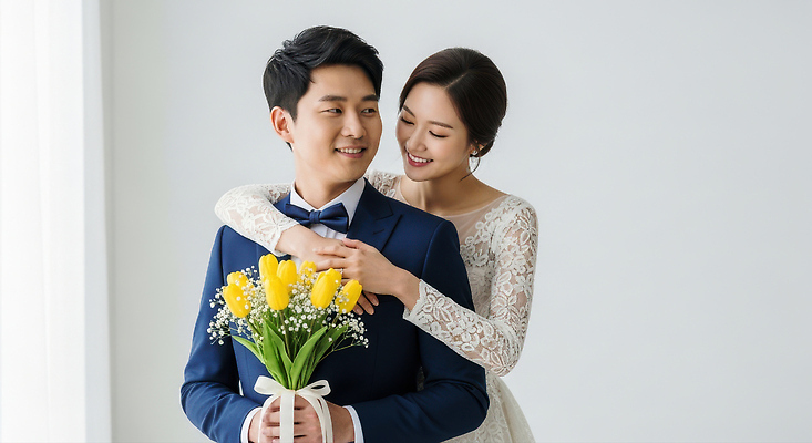 JPG 편집이미지 부부 옷 행복 신부 꽃다발 신랑 포옹 결혼식 스튜디오 사랑 웃음 기쁨 순간 의료성형뷰티 웨딩촬영 편집실사 AI인물포토 AI콘텐츠 커플 꽃 감정 결혼 안기 표정 CG 기념사진 파일형식 AI포토