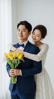 JPG 편집이미지 커플 행복 감정 신부 꽃다발 신랑 결혼 포옹 결혼식 사랑 미소 사진촬영 의료성형뷰티 편집실사 AI인물포토 AI콘텐츠 꽃 관계 안기 표정 이벤트 촬영 CG 파일형식 AI포토