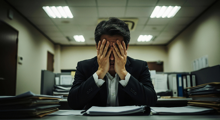 JPG 편집이미지 남자 스트레스 표정 피곤 사무실 자료 업무 작업 집중 고민 문서 압박 고립 혼자 의료성형뷰티 편집실사 AI인물포토 AI콘텐츠 감정 컨셉 비즈니스 사람 CG 파일형식 AI포토