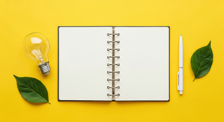 JPG 편집이미지 디자인 백그라운드 잎 전구 아이디어 노트북 사무실 필기구 노란색 사무용품 기록 창의성 브레인스토밍 편집실사 AI포토 AI콘텐츠 식물 컬러 컨셉 비즈니스 문구용품 전자제품 CG 파일형식