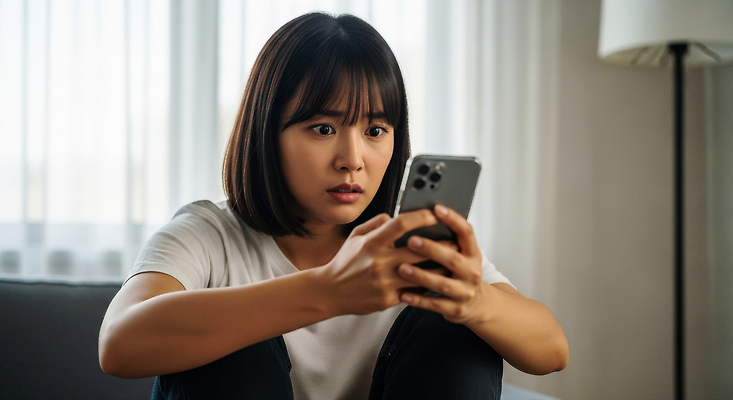 JPG 편집이미지 라이프스타일 여자 의자 창문 주택 실내 표정 일상 스마트폰 소파 놀람 모던 긴장 발견 관심 의료성형뷰티 편집실사 AI인물포토 AI콘텐츠 감정 가구 사람 내부 건물 라이프 생활 핸드폰 스마트기기 CG 파일형식 AI포토