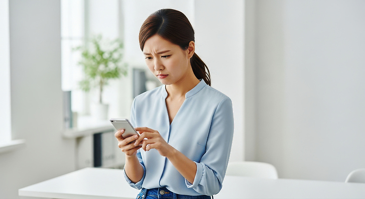 JPG 편집이미지 여자 감정 실내 표정 생활 파란색 빛 스마트폰 환경 집중 모던 걱정 소통 의료성형뷰티 편집실사 AI인물포토 AI콘텐츠 컬러 컨셉 사람 내부 핸드폰 스마트기기 CG 파일형식 AI포토